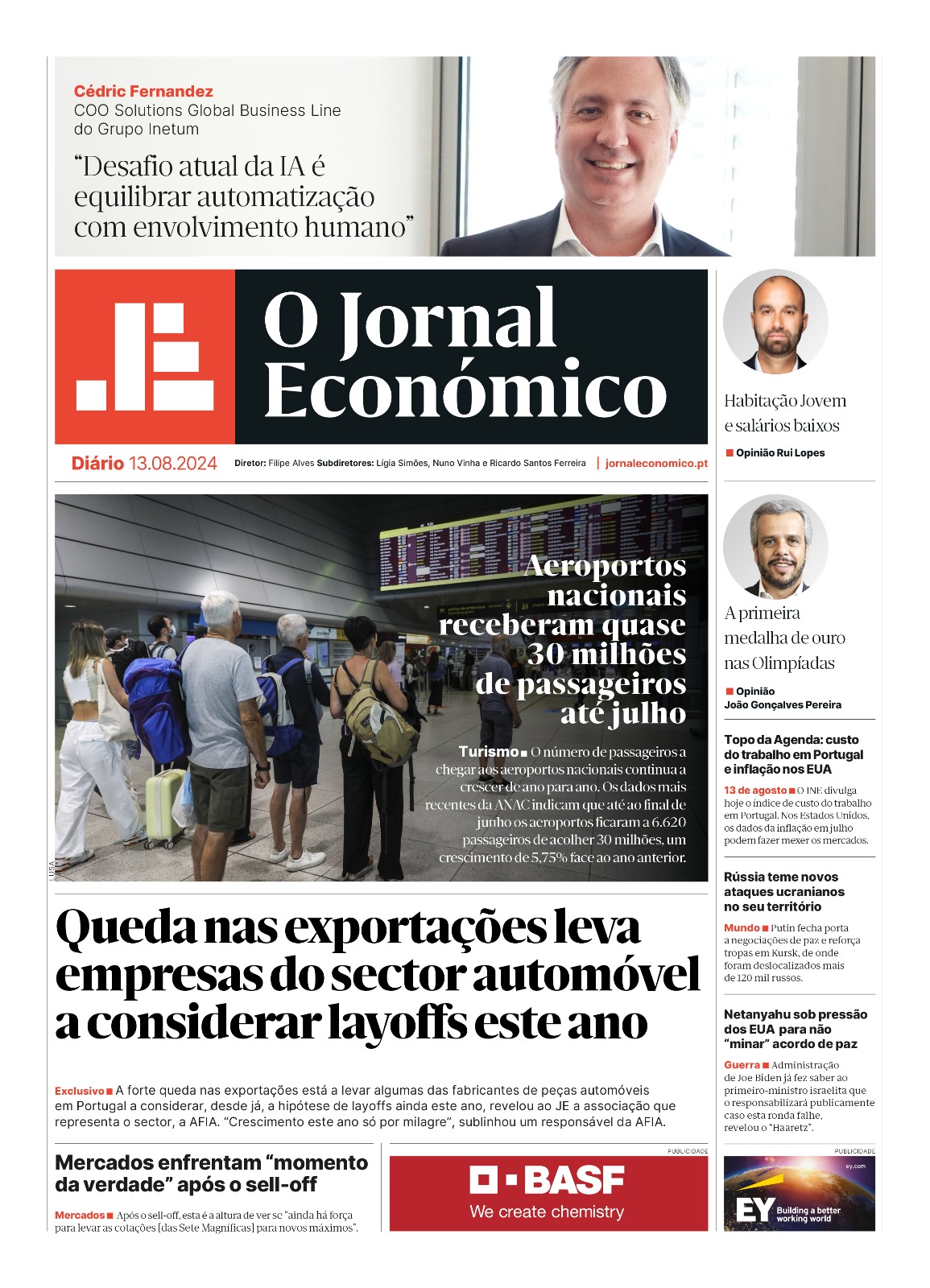 A primeira página do Jornal Económico de 13 de agosto