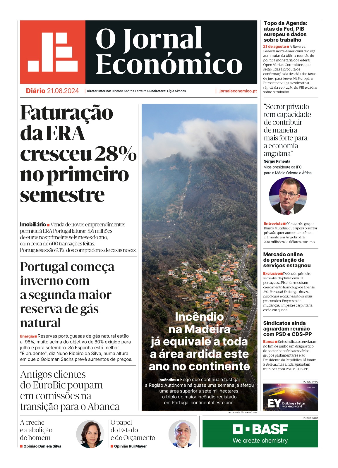 A primeira página do Jornal Económico de 21 de agosto