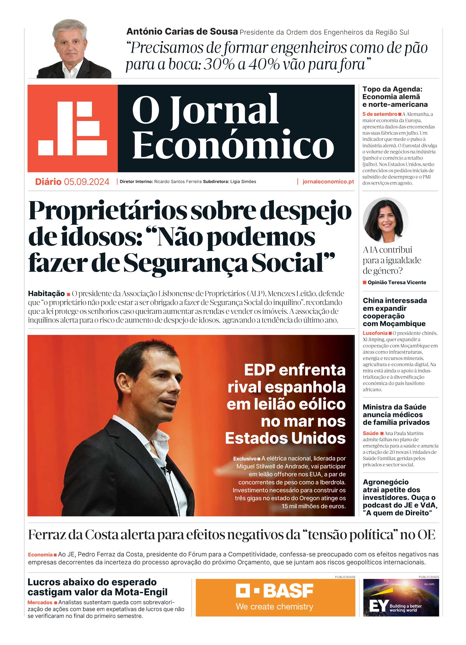 A primeira página do Jornal Económico de 5 de setembro