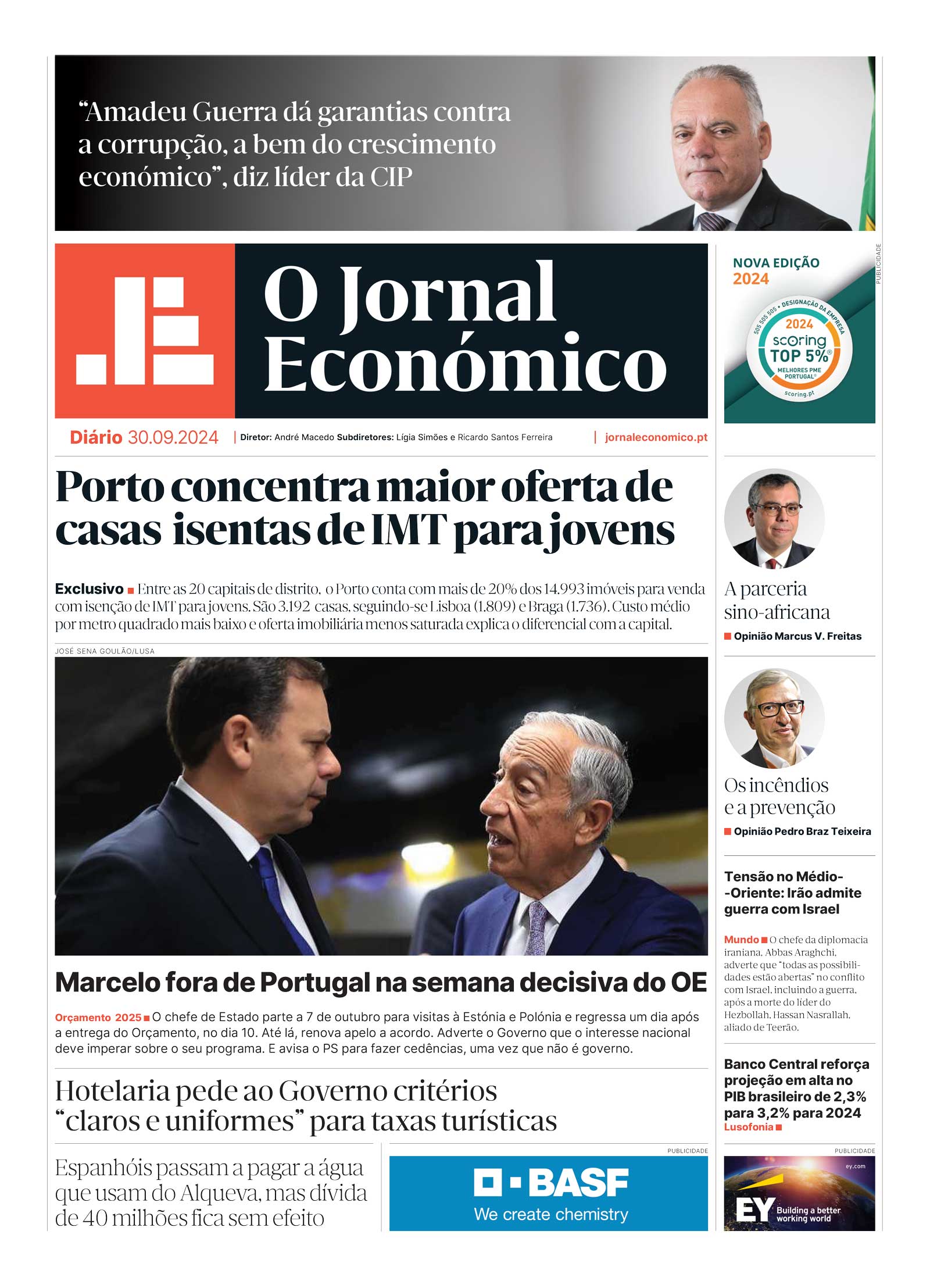 A primeira página do Jornal Económico de 30 de setembro