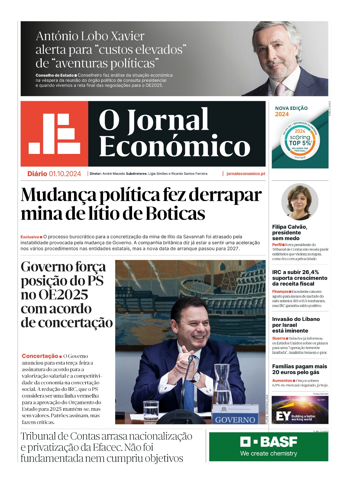 A primeira página do Jornal Económico de 1 de outubro