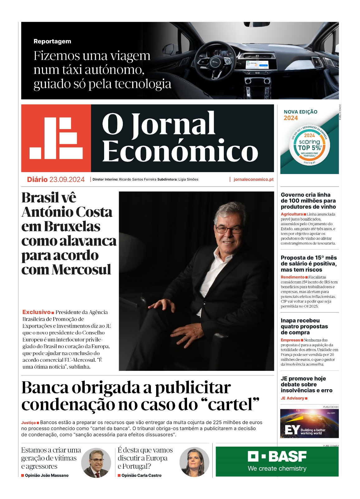 A primeira página do Jornal Económico de 23 de setembro