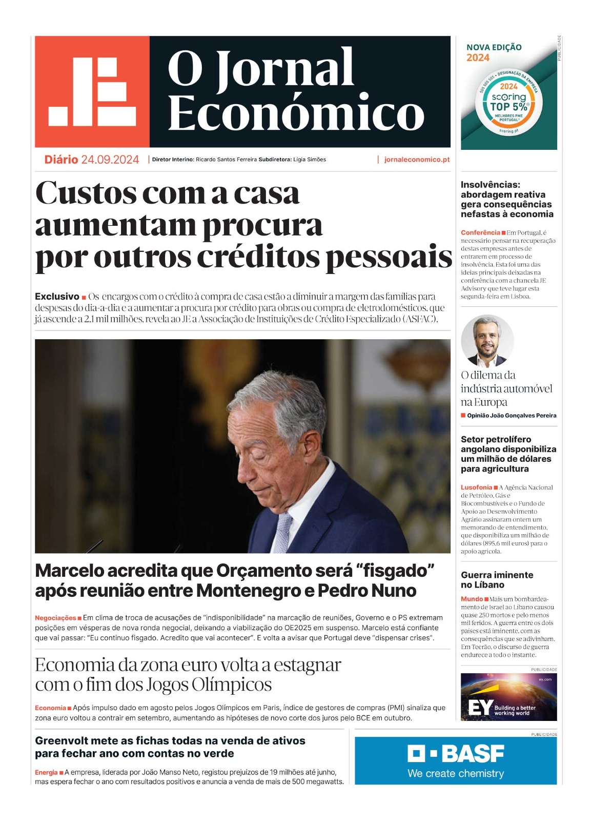 A primeira página do Jornal Económico de 24 de setembro