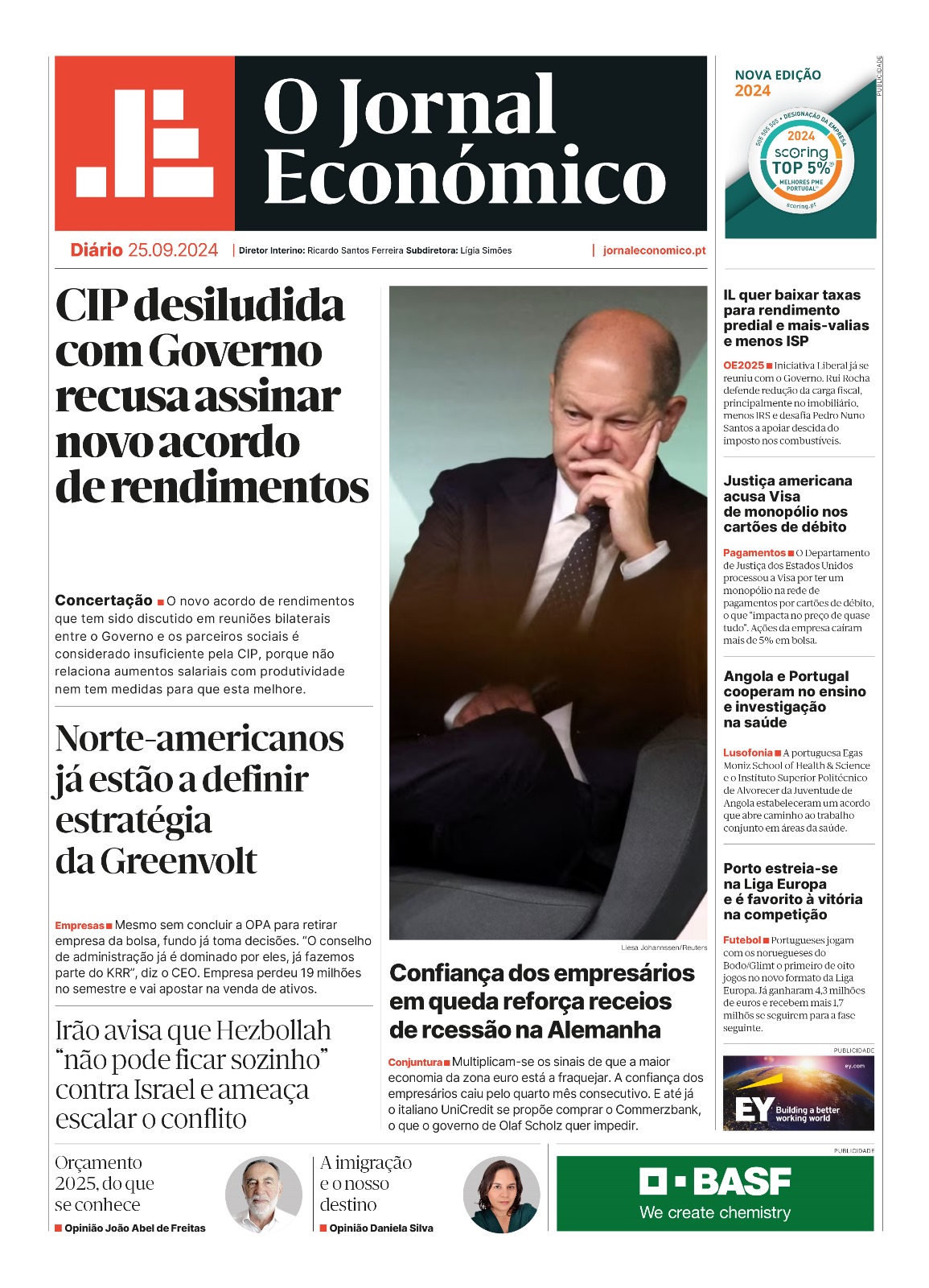 A primeira página do Jornal Económico de 25 de setembro