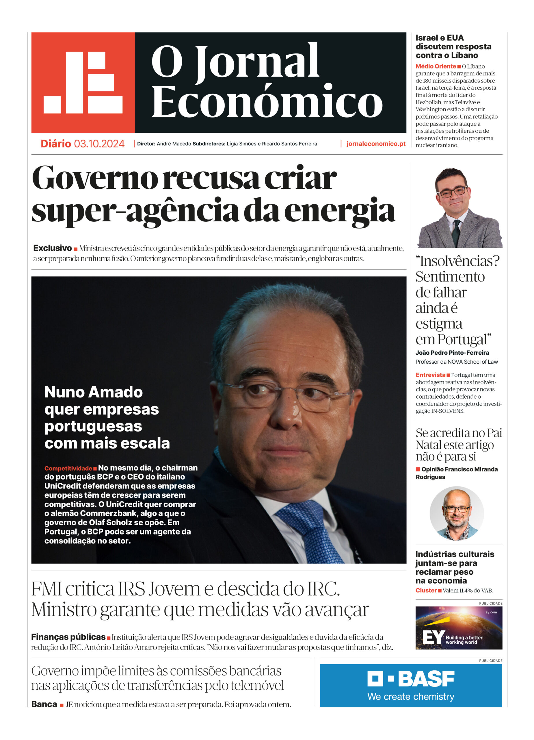 A primeira página do Jornal Económico de 3 de outubro