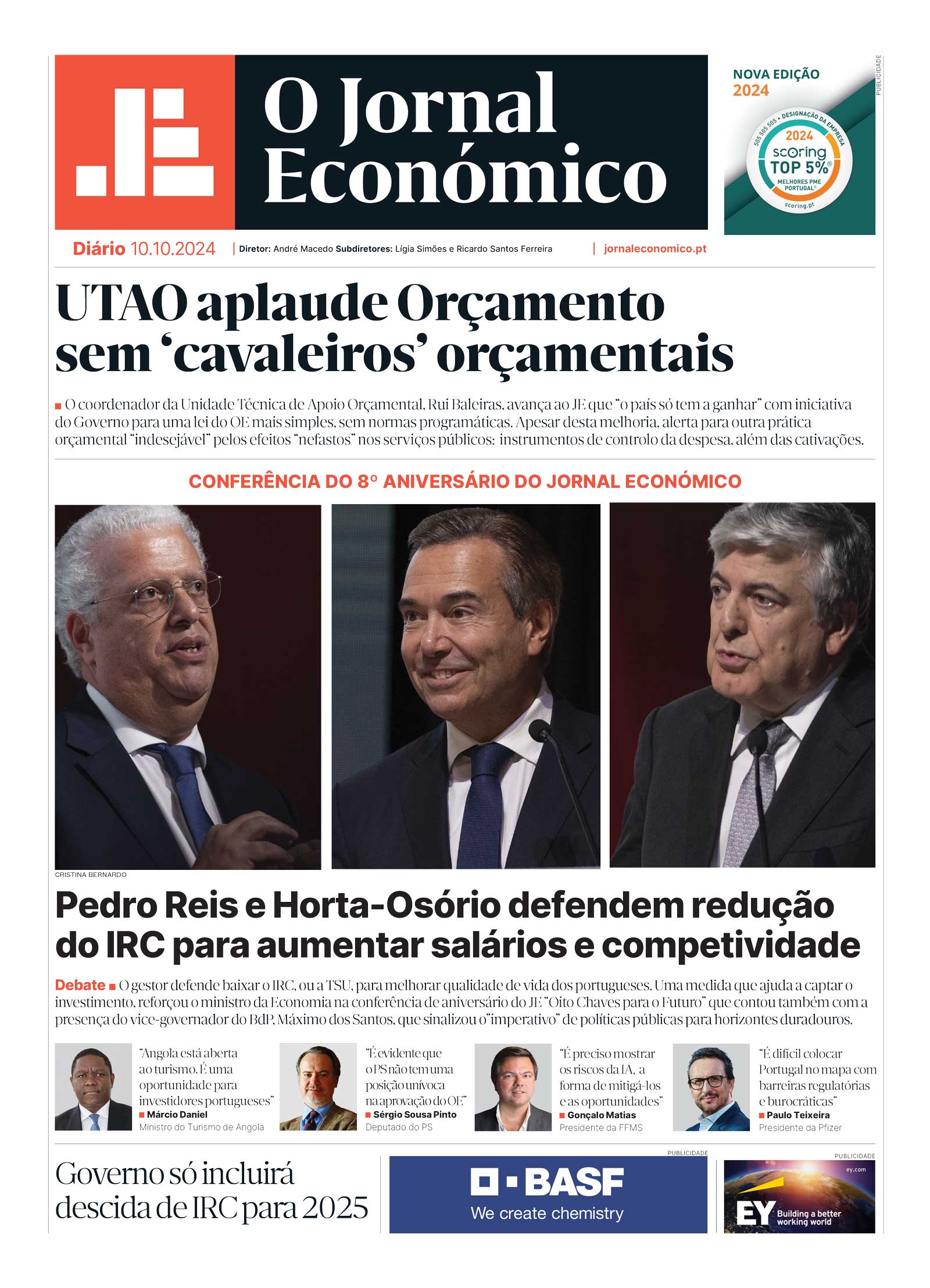 A primeira página do Jornal Económico de 10 de outubro