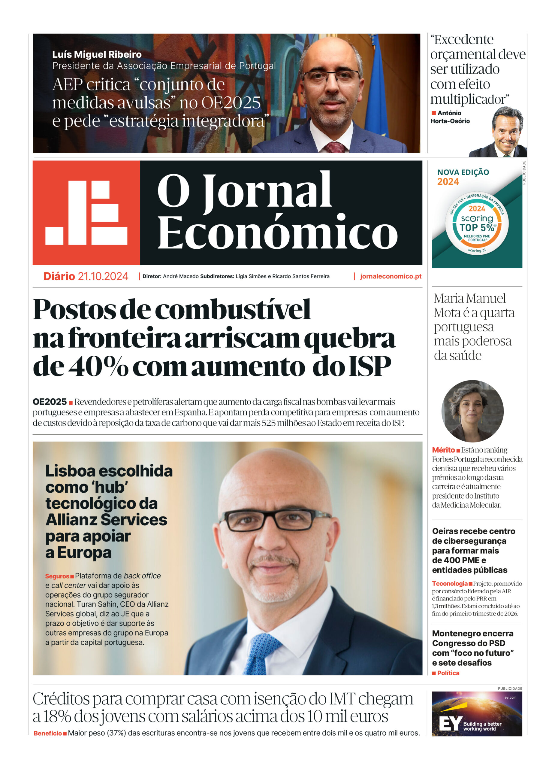 A primeira página do Jornal Económico de 21 de outubro