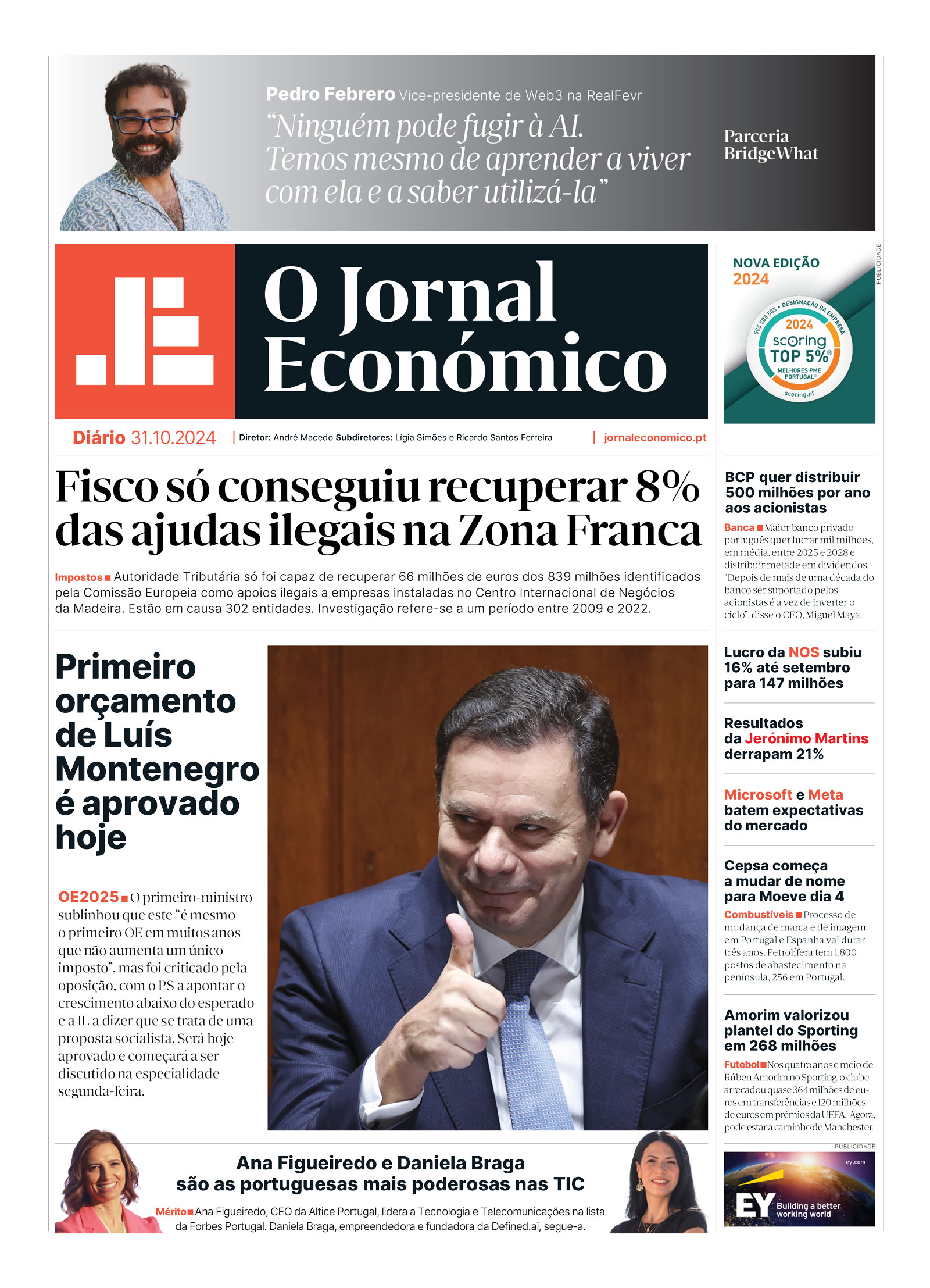 A primeira página do Jornal Económico de 31 de outubro