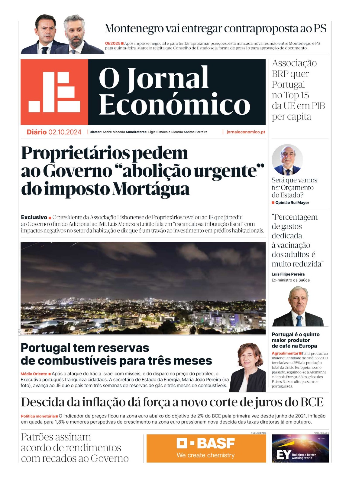 A primeira página do Jornal Económico de 2 de outubro