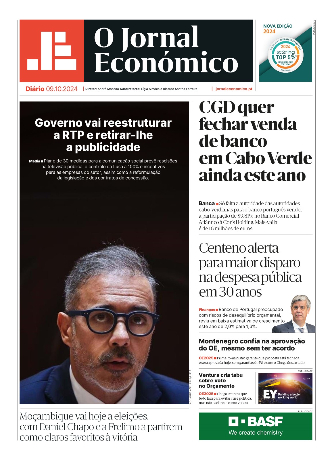 A primeira página do Jornal Económico de 9 de outubro