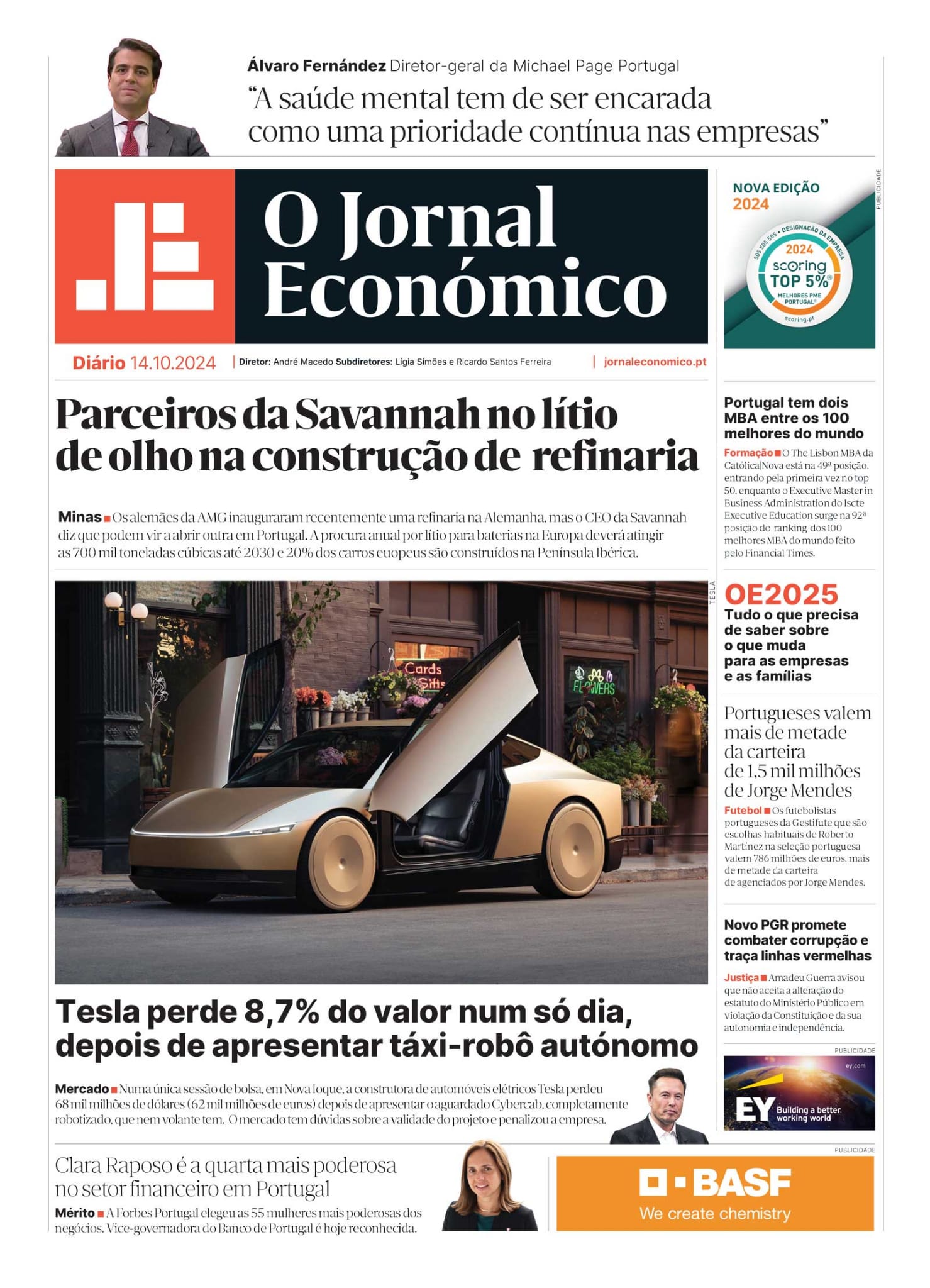 A primeira página do Jornal Económico de 14 de outubro