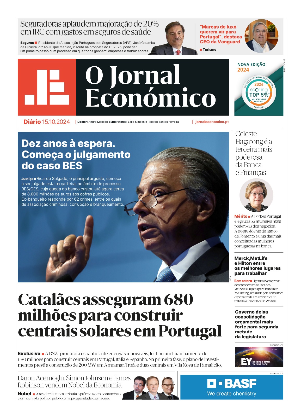 A primeira página do Jornal Económico de 15 de outubro