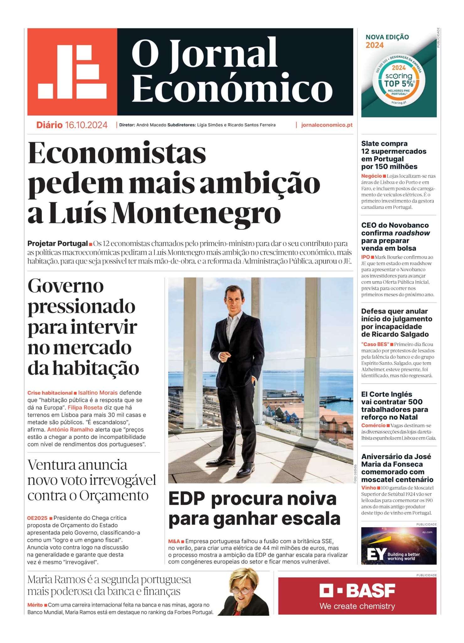 A primeira página do Jornal Económico de 16 de outubro