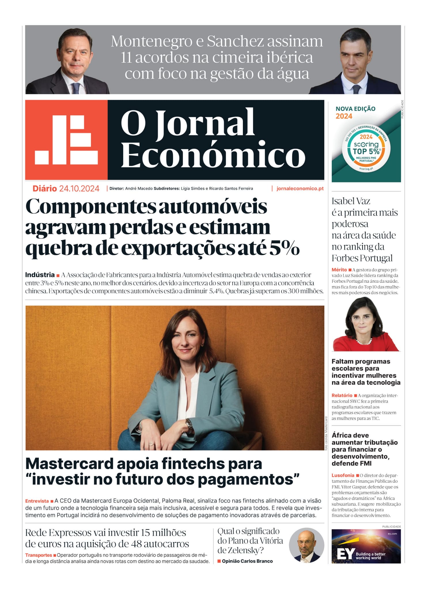 A primeira página do Jornal Económico de 24 de outubro