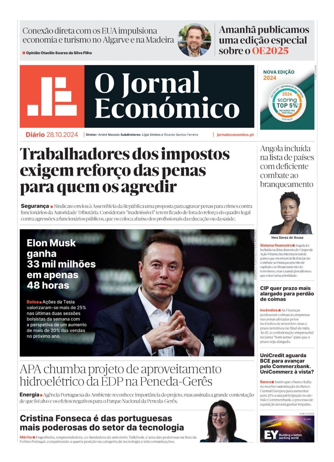 A primeira página do Jornal Económico de 28 de outubro