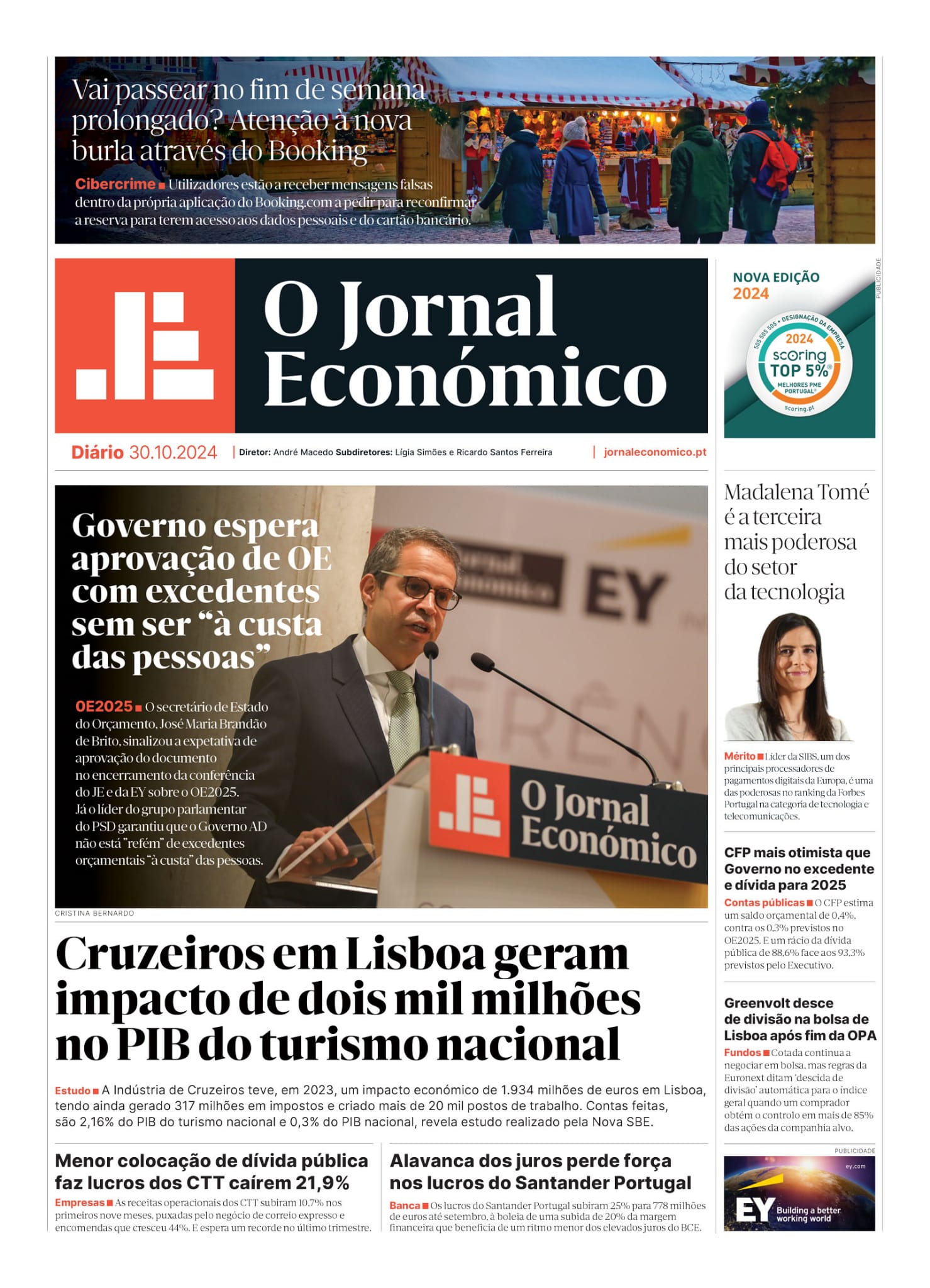 A primeira página do Jornal Económico de 30 de outubro