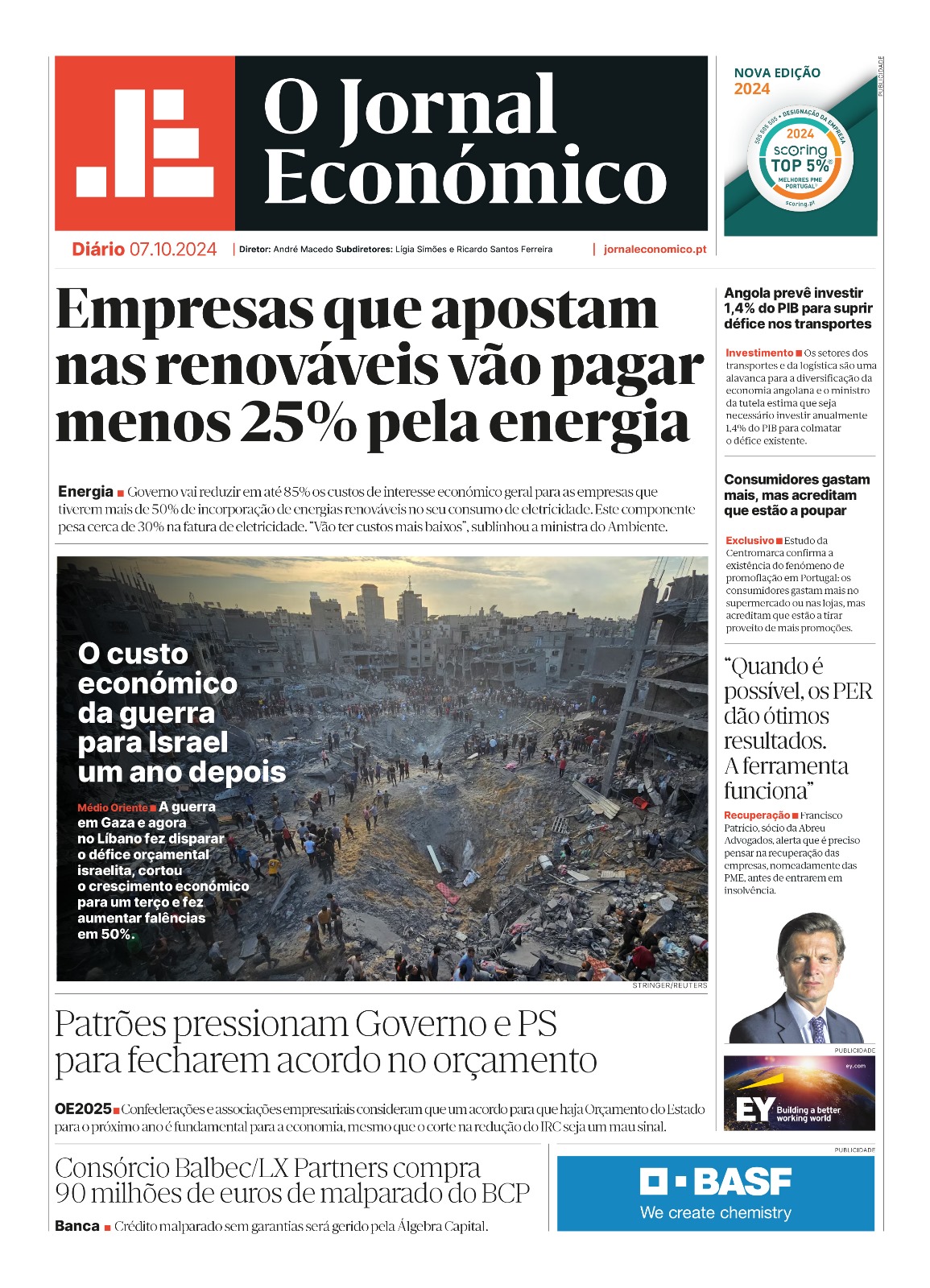 A primeira página do Jornal Económico de 7 de outubro