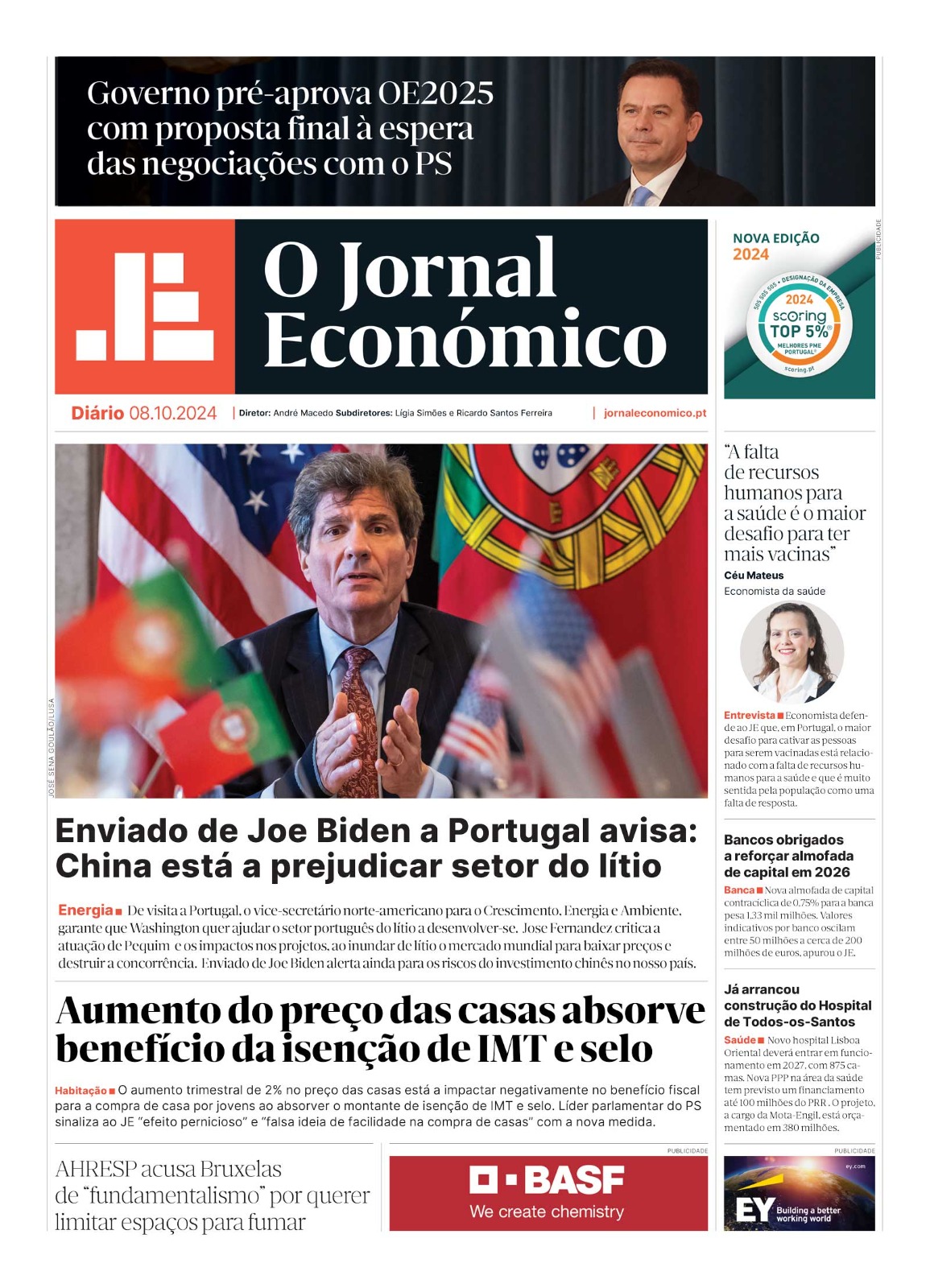 A primeira página do Jornal Económico de 8 de outubro