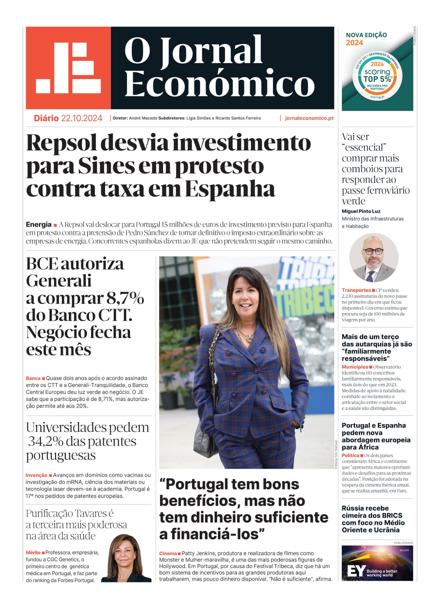 A primeira página do Jornal Económico de 22 de outubro