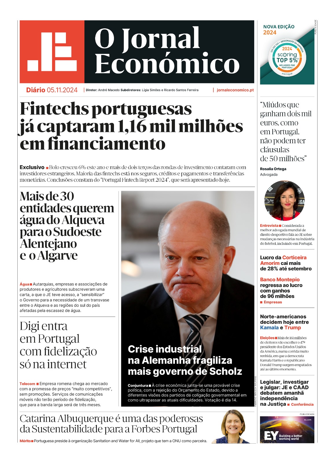 A primeira página do Jornal Económico de 5 de novembro